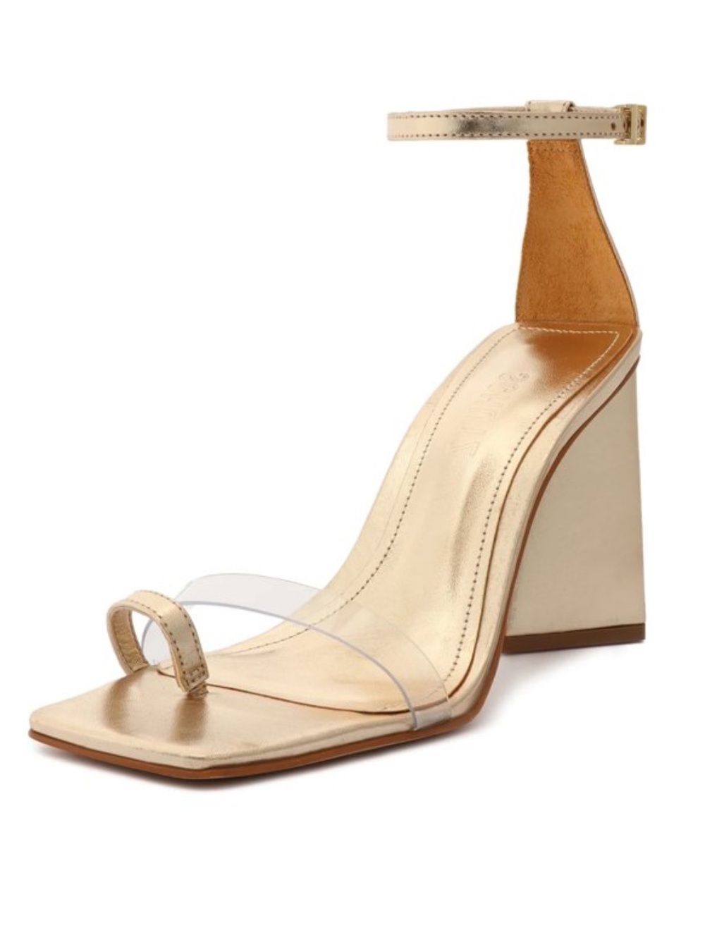 Schutz Avva Platina Gold Clear Vamp Buckled Strap Open Toe High Heel Sandals 7.5